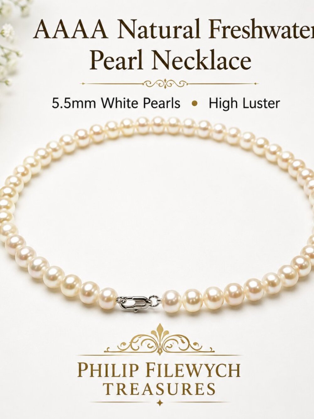 Pearl-09--AAAA Freshwater Pearl Necklace White 18in Silver Clasp